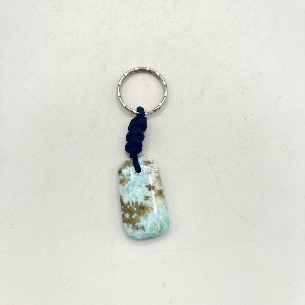 Larimar Keychain Blue Rectangular Polished Gemstone Key Ring Rope Pendant - Picture 2 of 3